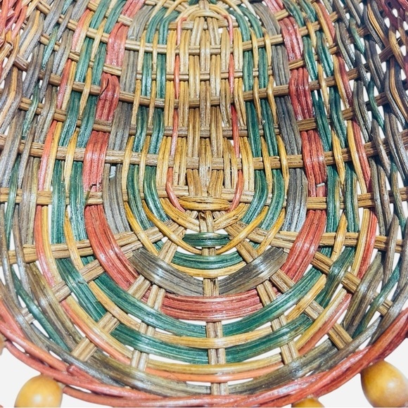 Vintage Woven Wicker Bamboo Beaded Flower Herb Gathering Basket w Handle 11X15X9 - Picture 9 of 11